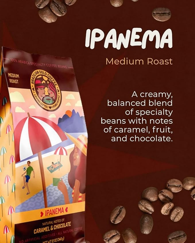 Brazilian Gold Coffee Ipanema Gourmet Caramel &amp Chocolate Low Acidity 100% Arabica Medium Roast Ground 12 oz