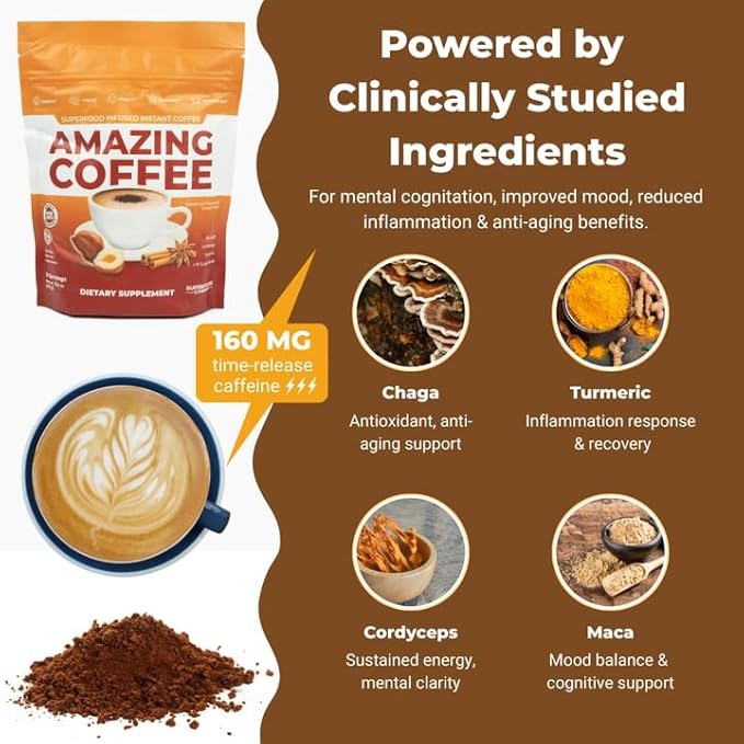 Superfoods Company | Amazing Coffee - Instant Coffee| Mushrooms Superfoods - Hazelnut French Roast - Gluten Free Non-GMO Sugar Free Vegan Keto Friendly [60 Servings]