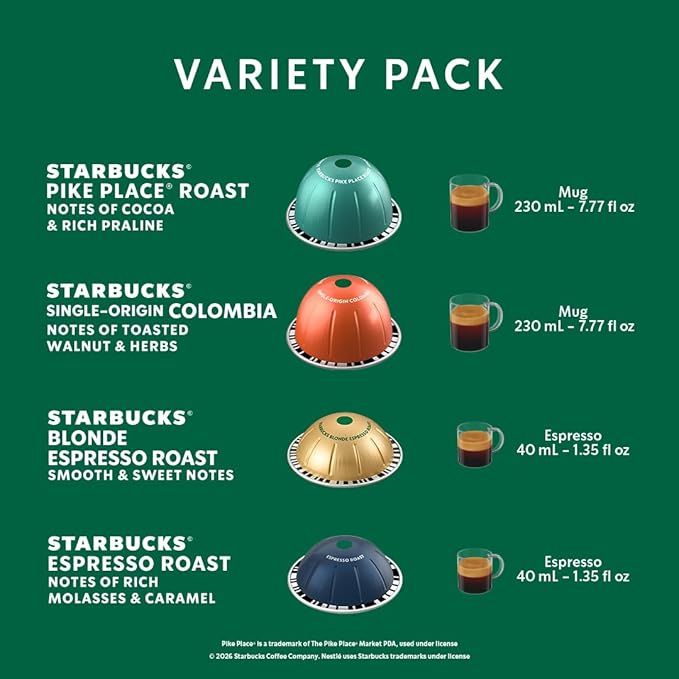 Starbucks by Nespresso Vertuo Favorite Variety Pack Coffee &amp Espresso 40-count Coffee and Espresso Pods Brews 7.8 oz and 1.35 oz.