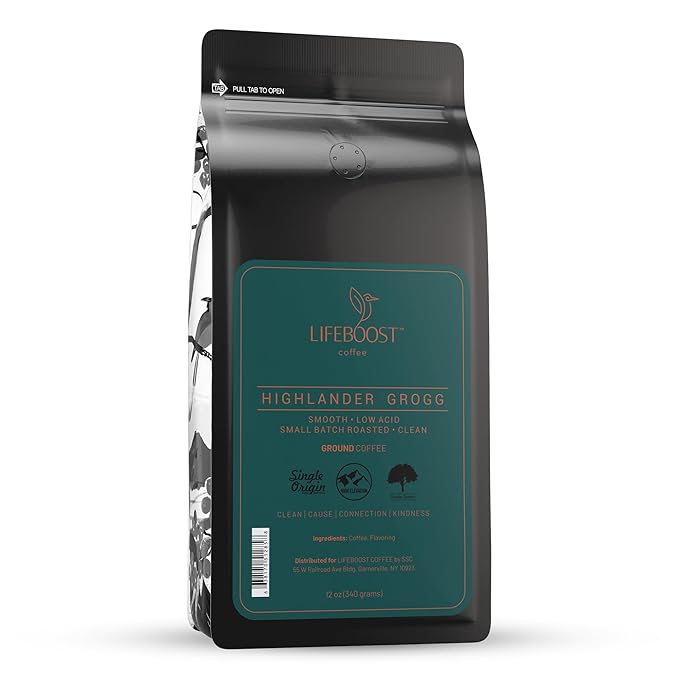 Lifeboost Highlander Grogg Coffee Ground - Low Acid Single Origin Flavored Coffee - Non-GMO Highlander Grogg Ground Coffee Third Party Tested For Mycotoxins &amp Pesticides - 12 Ounces