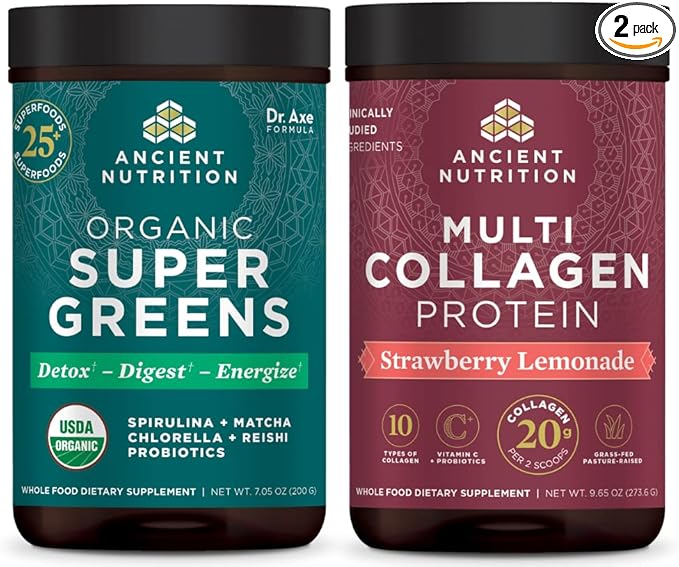 Ancient Nutrition Organic Supergreens Powder Greens Flavor 25 Servings + Multi Collagen Protein Powder Strawberry Lemonade 24 Servings