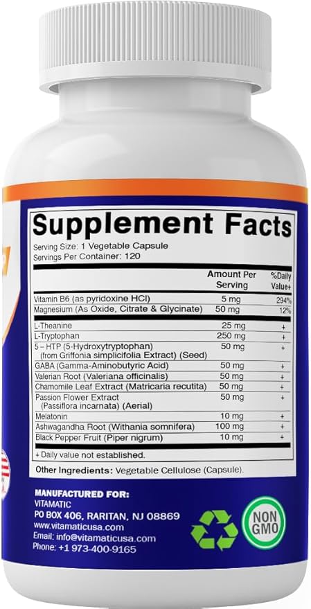 Vitamatic Advanced Sleep Aid with Melatonin - 120 Vegetable Capsules Made with B6 Magnesium L-Theanine L-Tryptophan 5-HTP GABA Valerian Chamomile Passion Flower Ashwagandha &amp Black Pepper