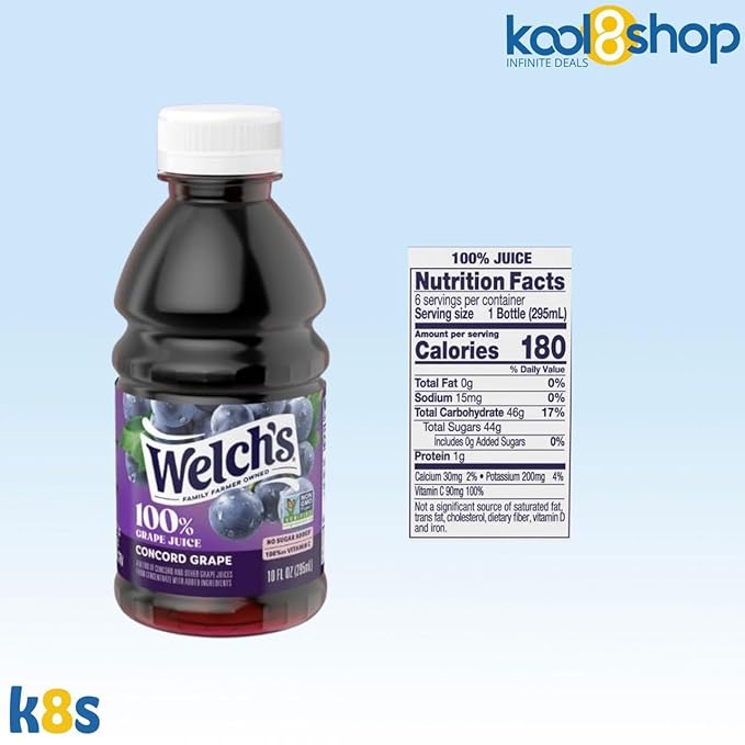 Welch’s 100% Concord Grape Juice Drink 10 fl oz Plastic Bottle 24 Pack + 2 Reusable Snack Bags by KOOL8SHOP Infinite Deals