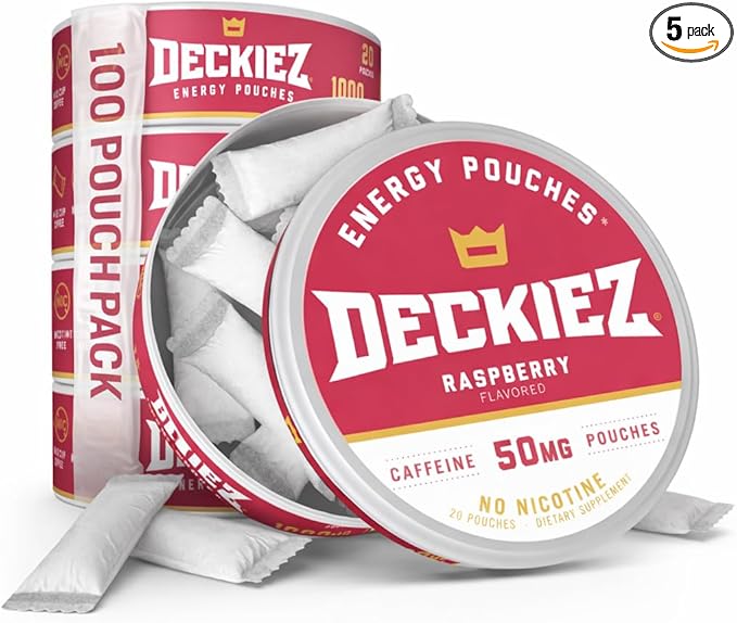 Deckiez Energy Pouches 5 Cans (100 Pouches) Sugar Free Caffeine Supplement Coffee Pouches &amp Energy Drink Alternative 50mg Caffeine Pouches Raspberry Flavor