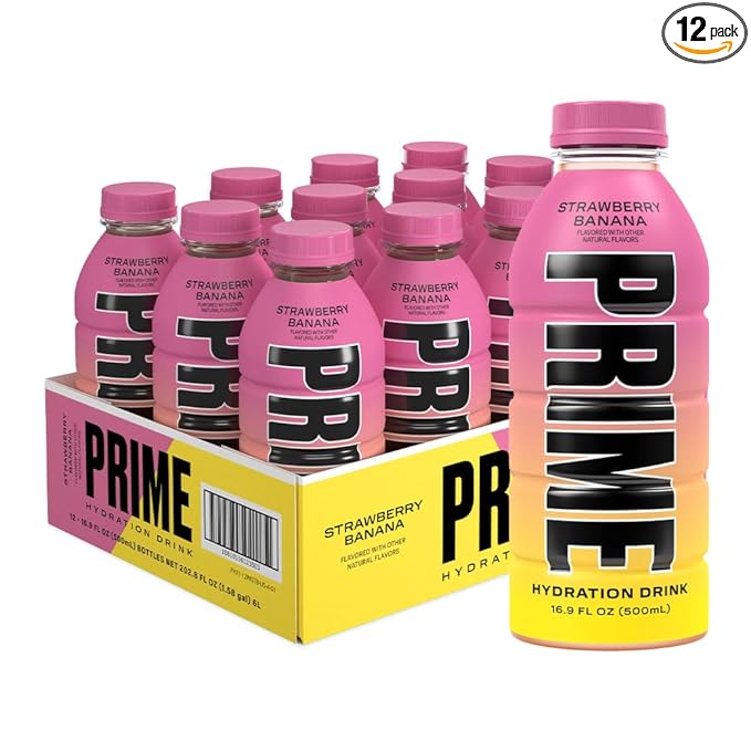 PRIME Hydration STRAWBERRY BANANA Sports Drinks Electrolyte Enhanced for Replenishing Fluids 250mg BCAAs B Vitamins Antioxidants Low Sugar 16.9 Fl Oz 12 Pack