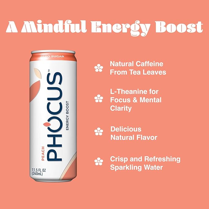 PHOCUS Caffeinated Sparkling Water Peach 75mg Natural Caffeine Plus L-Theanine Zero Sugar Zero Calories No Artificial Sweeteners 11.5 fl oz Cans (Pack of 12)