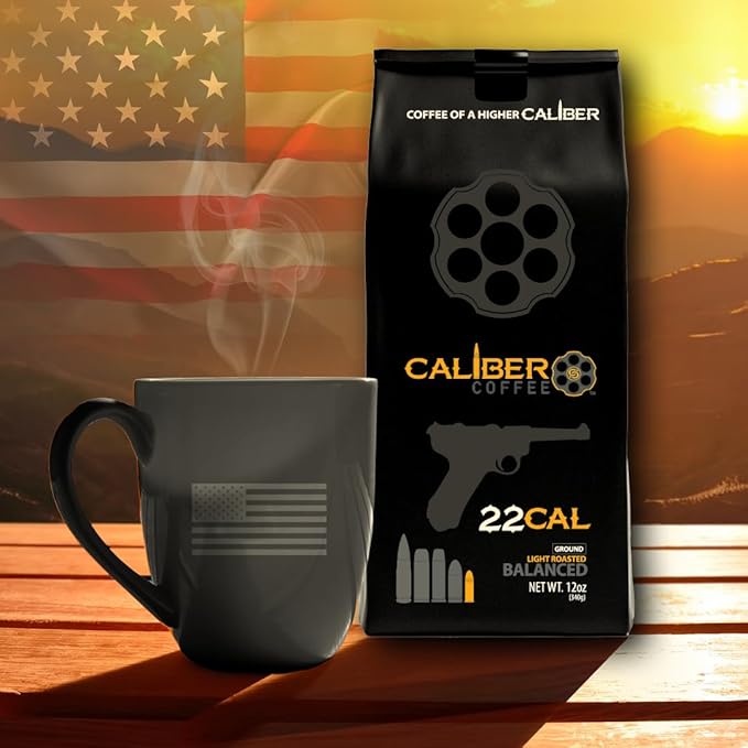 Caliber Coffee .22 Cal Ground Light Roast – Balanced Fruity Caramel Flavors – 100% Artisan Roasted Arabica Coffee – Small-Batch Hand-Crafted – Veteran Owned – 12oz Bag