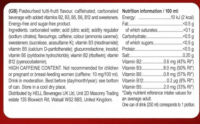 HELL ZERO Energy Drink | 32 mg/100 ml Caffeine | Vitamins B3 B5 B6 B12 | No Preservatives | Environmentally Friendly Packaging | 24 x 250ml | Compatible with HELL Energy