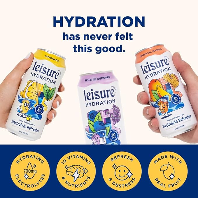 Leisure Hydration Non-Carbonated Electrolyte Refresher Variety Pack - Low Sugar Nutrient Enhanced Water Beverage - Get The Best Hydration Packed w/ Magnesium &amp Ashwagandha For Mood &amp Stress S