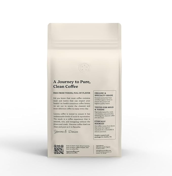 Lunova Organic Mold-Free Coffee Whole Bean | Single-Origin from Chiapas Mexico | Specialty-Grade Third Party Tested (12 oz Dark Roast)