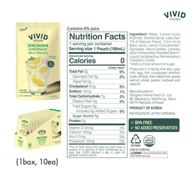 VIVID KITCHEN Lemonade Pouch Drinks – Zero Sugar Zero Calories | Korean Convenience Store Drink | No Artificial Preservatives or Corn Syrup | 6.4 fl oz (10 Pouches) (10 Pouch Lemonade)