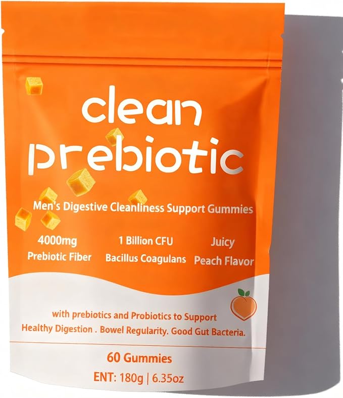 Clean Prebiotic Fiber Gummies for Men Peach FlavorPre+Probiotic Fiber GummiesMen's Digestive Cleaning Support GummyMen Prebiotic Supplement for Digestive Gut Health60 Gummy