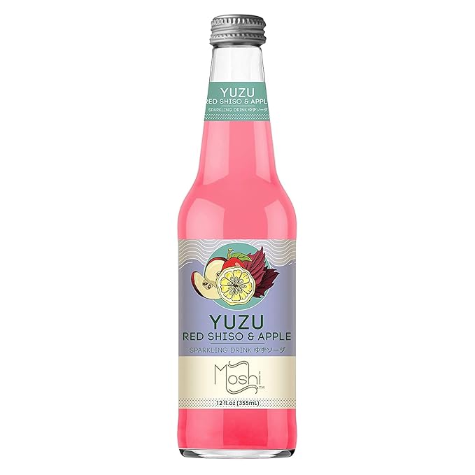 Moshi Yuzu Sparkling Drink Aromatic and Zesty Made with 100% Yuzu juice All-Natural Vegan Gluten-free No Artificial Preservatives/Coloring - 12 oz (6 Glass Bottles) - Red Shiso &amp Apple