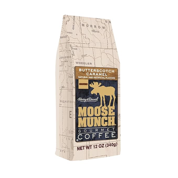 Moose Munch Butterscotch Caramel Ground Coffee – 2 Pack 12 oz Bags – Sweet Buttery Caramel Flavored Medium Roast Coffee