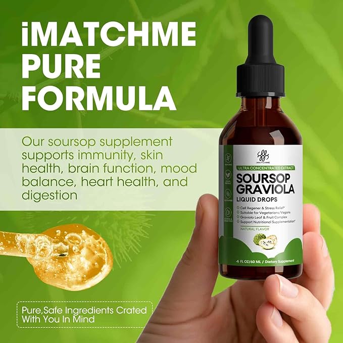 Soursop Graviola Liquid Drop for Cell Support &amp Regeneration Immune System and Gut Health Support Pure Soursop Bitters Liquid High Absorption Sugar/Gluten Free Natural Flavor 4 Fl Oz