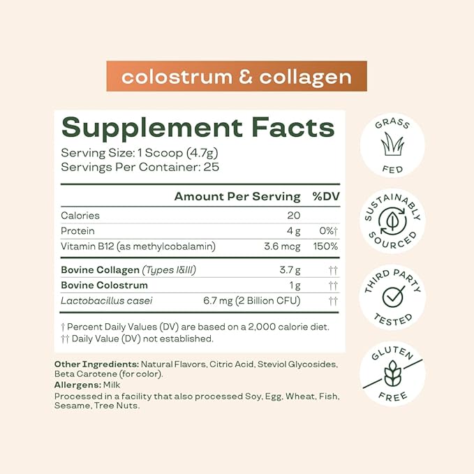 Bloom Nutrition Bovine Colostrum Powder with Vitamin B-12 for Gut Health Immune Support Hair Growth &amp Beauty Supplement | Orange Cream 25 Servings