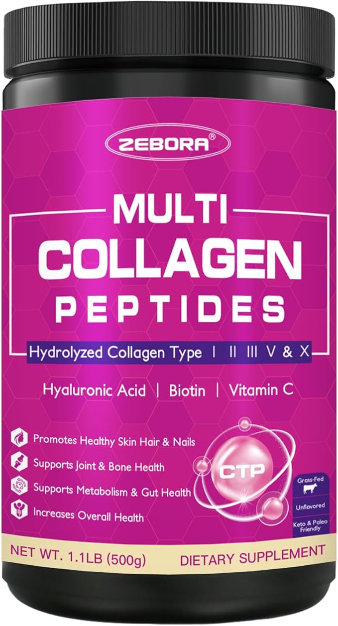 ZEBORA Collagen Peptides Powder 50 Servings - Hydrolyzed Multi Collagen Type I II III V X with Hyaluronic Acid Biotin Vitamin C - Support Skin Hair Nail Joints Unflavored Keto &amp Paleo Friendly