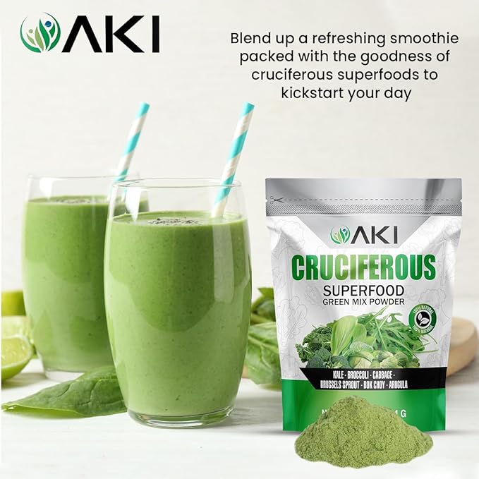 AKI Cruciferous Superfood Green Mix Powder - Made from Kale Broccoli Brussels Sprouts Cabbage - Packed with Essential Phytonutrients &amp Vitamins ((16oz/454g))