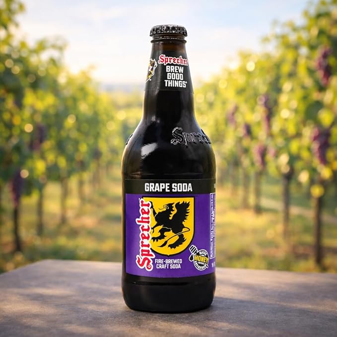 Sprecher Grape Soda in 16 fl oz Glass Bottles (12 Pack) Fire Brewed Craft Soda with Real Honey Bold Juicy Grape Flavor Naturally Flavored Gourmet Soft Drink