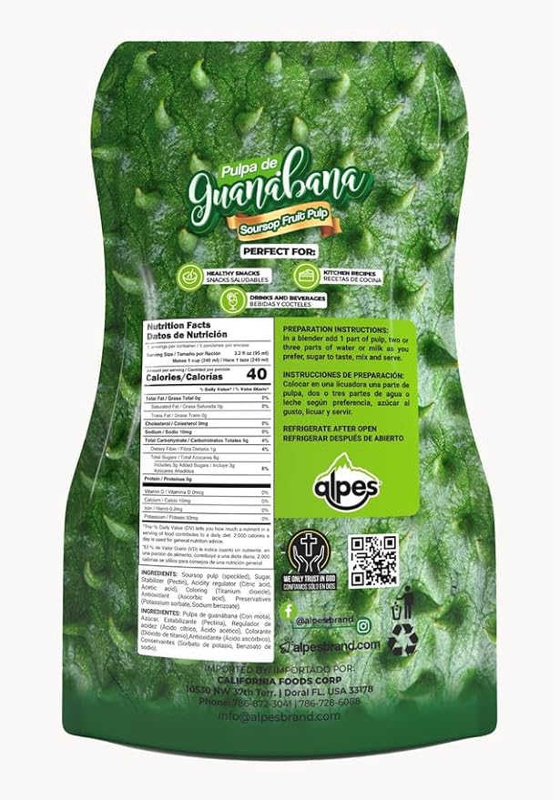 Alpes Premium Soursop Pulp 100% Real Fruit Tropical Guanábana. Ideal for Cocktails Juices Smoothies Desserts Gourmet Sauces Ice creams &amp Snacks 1 Pack 16 fl oz.
