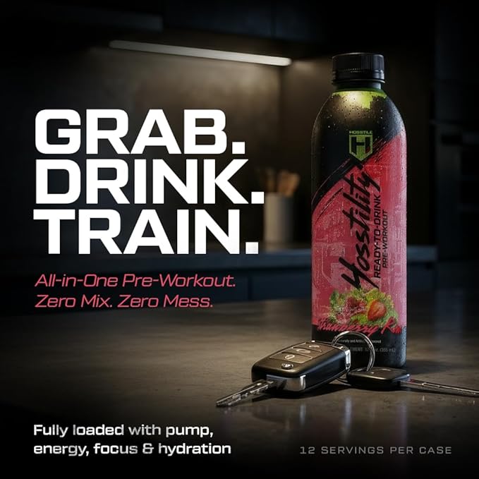 HOSSTILE Hosstility RTD Pre-Workout – Ready to Drink Pre Workout for Energy Focus Pump &amp Hydration All-in-One Formula for Performance Strawberry Kiwi 12 Servings