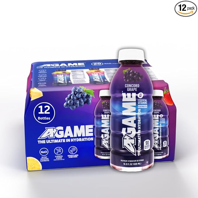 A-GAME Sports Drink Concord Grape The Ultimate Hydration Sports Beverage for Athletes 8 Essential Vitamins including B C &amp E plus Natural Sea Salt Electrolytes All Natural Flavors &amp Swee