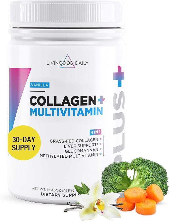 Livingood Daily Collagen Powder for Women and Men Vanilla Grass Fed Protein Hydrolyzed Collagen Peptides with Vitamin C &amp Multi Vitamins for Hair Skin Nail &amp Gut Health Gluten Free 30 S