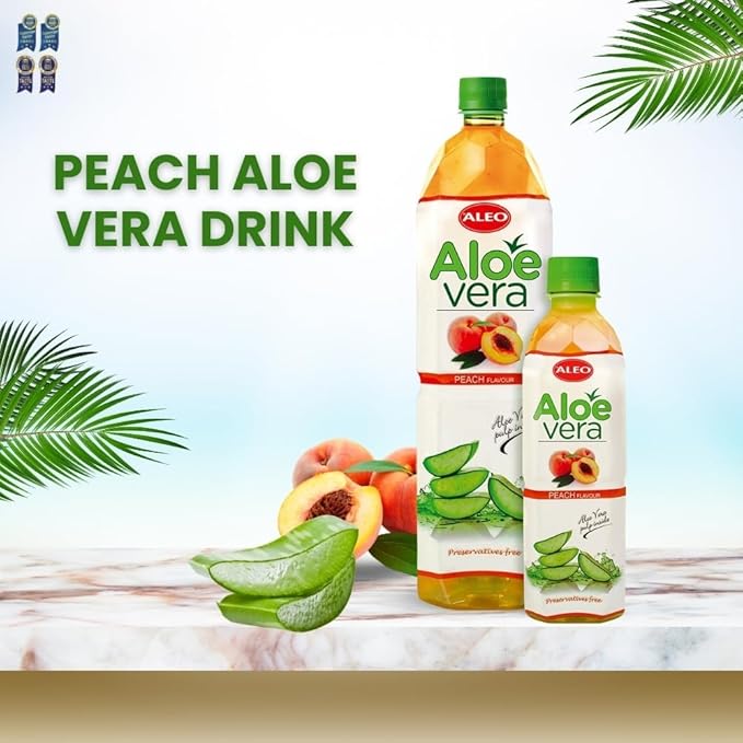 ALEO 0.5L x 24 Premium Peach Aloe Vera Drink - Natural No Preservatives No Artificial Colors Superior Taste Award 2025