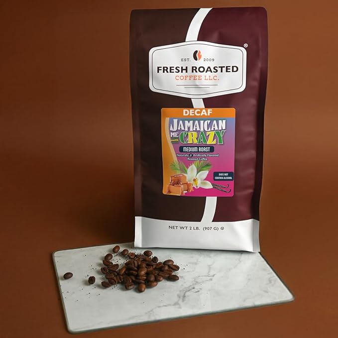 Fresh Roasted Coffee Decaf Jamaican Me Crazy Flavored Coffee 2 lb (32 oz) Medium Roast Kosher Whole Bean