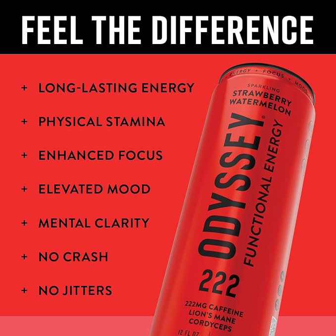 Odyssey Elixir - Odyssey 222 - Sparkling Energy Drink - 222 mg of Caffeine - Lion's Mane &amp Cordyceps - Energy &amp Focus - Endurance &amp Stamina - Nootropic - Pre Workout - Strawberry Watermelo