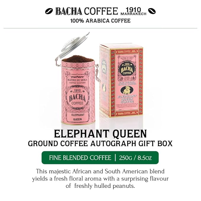 Bacha Coffee | Elephant Queen Fine Blended Coffee Autograph Collection 100% Arabica Specialty Coffee Ground Beans Medium Dark Roast 250g &amp 100% Natural Unbleached Wood Fibre Paper Filters La