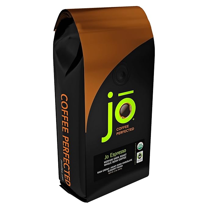 JO ESPRESSO: 2 lb Organic Whole Espresso Beans USDA Certified Organic Gluten Free NON-GMO Fair Trade Certified Perfect Rich Thick Crema Medium/Dark Roast Whole Bean Coffee by Jo Coffee®