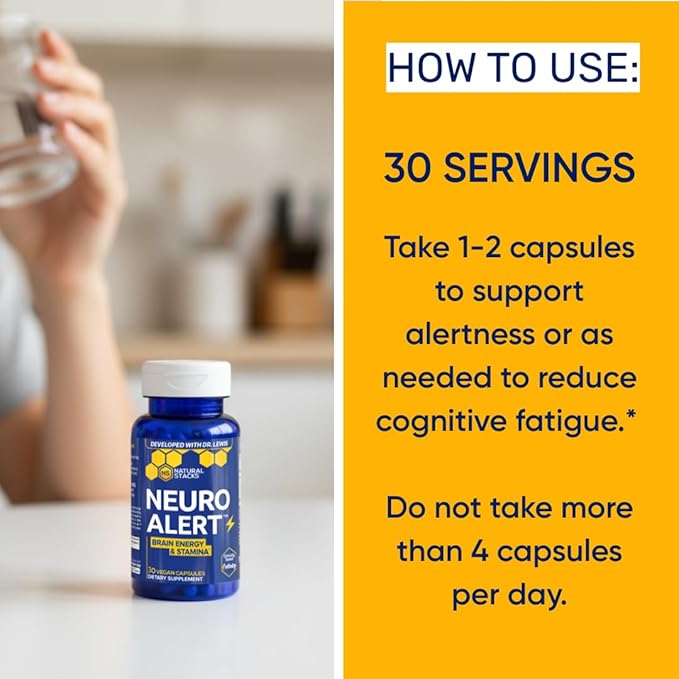 NATURAL STACKS NeuroAlert - 200mg Paraxanthine Energy Supplement - Caffeine Free Focus w/ 500mg L-Tyrosine &amp 100mg L-Theanine - 10mg NADH for Cellular Energy Support - 60 Paraxanthine Capsules