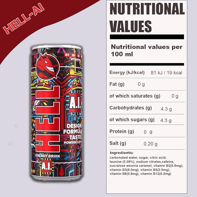 HELL A.I. Energy Drink | 32 mg/100 ml Caffeine | Vitamins B3 B5 B6 B12 | No Preservatives | Environmentally Friendly Packaging | 24 x 250ml | Compatible with HELL Energy