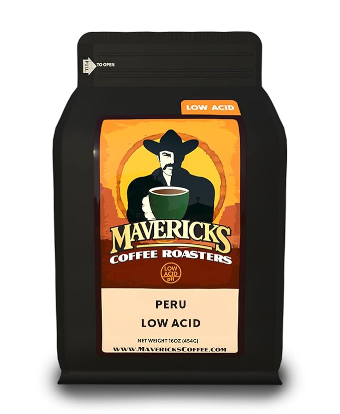 Mavericks Low Acid Coffee – Peru Organic - Coffee Ground 16 oz – Smooth Light Roast with 70% Less Acid - Safe for GERD and Keto Diets