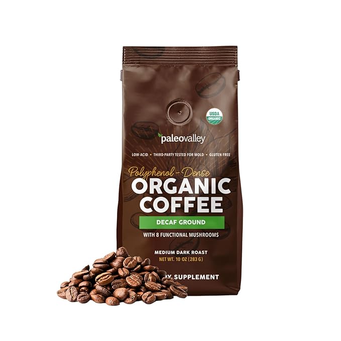 Paleovalley Organic Ground Coffee 10oz - Decaf Low Acid Single-Origin Polyphenol-Rich Infused with Mushrooms