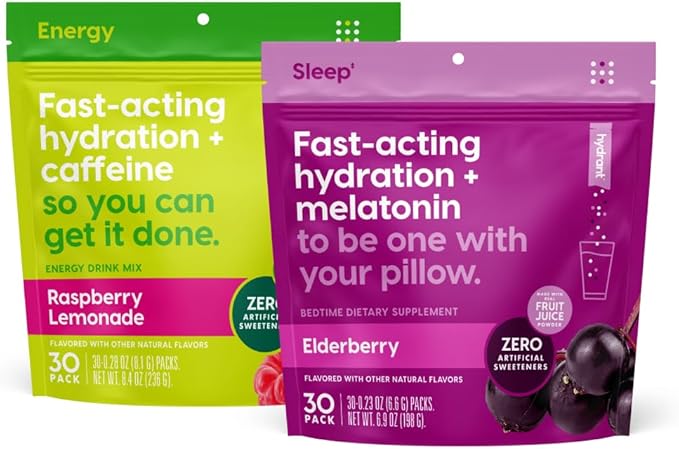 HYDRANT Bundle Energy + Sleep 60 Stick Packs Electrolyte Powder Rapid Hydration Mix Variety Pack Sleep + Energy Blend L-Theanine Caffeine Melatonin Magnesium &amp Chamomile