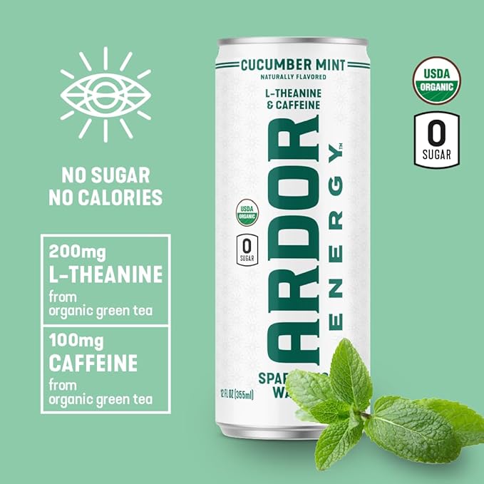 ARDOR ENERGY Sparkling Water with 100mg Natural Caffeine &amp 200mg L-Theanine from Organic Green Tea for Smooth Energy &amp Focus | Healthy Energy Drink | No Sugar Zero Calories Vegan Gluten-Fre