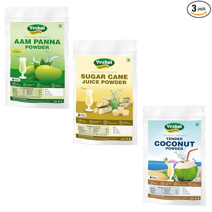 Yeshvi NATURAL Aam Panna Powder &amp Sugarcane Juice Powder With Tender Coconut Water Powder Combo Pack Instant Drink Mix Powder Healthy Drink Fruit Juice Powder Ready to Serve 300gm