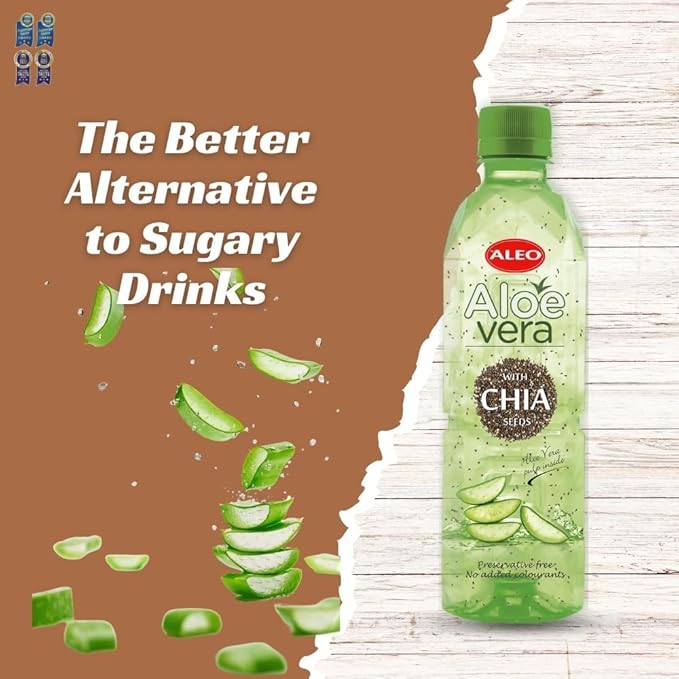 ALEO 0.5L Premium CHIA Aloe Vera Drink - Natural No Preservatives No Artificial Colors Superior Taste Award 2025