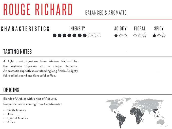 Rouge Richard Whole Bean Coffee 8.8 ounces per bag 1 bag of Rouge Richard These beans are for coffee and espresso Roasted in Paris