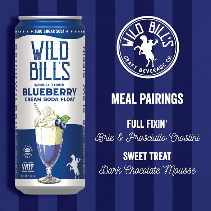 Blueberry - Wild Bill's Zero Sugar Cream Soda Zero Artificial Colors Flavors or Preservatives Naturally Sweetened (Individual 12oz Cans12-Pack)