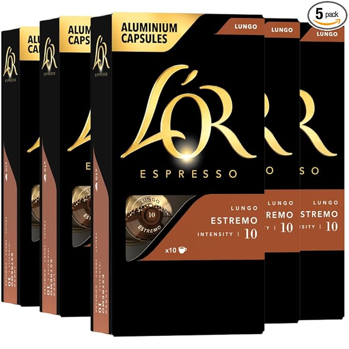 L'OR Espresso Capsules 50 Count Estremo Lungo Single-Serve Aluminum Coffee Capsules Compatible with the L'OR BARISTA System &amp *Nespresso Original Machines 50 Count (Pack of 5)