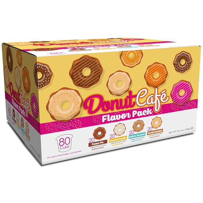 Donut Café - Gourmet Coffee Medium Roast Flavored Variety Pack – Pecan Pie Coconut Crumble Salted Caramel Toasted Hazelnut – Single Serve Coffee Pods for Keurig K Cup Brewers – 80 Count (Pack of 3)