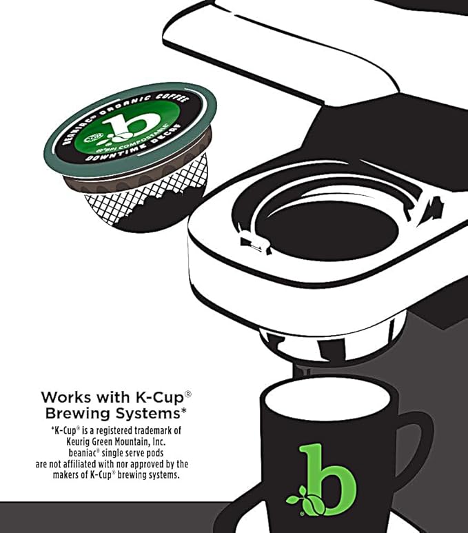 beaniac Organic Downtime Decaf Swiss Water Decaffeinated Medium Roast Single Serve Compostable K Cup Coffee Pods Organic Arabica Coffee Keurig Brewer Compatible 30 Count