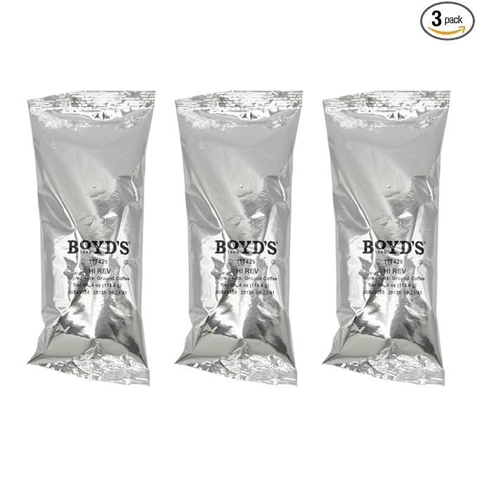 Boyd's Hi-Rev Ground Coffee Medium-Dark Roast 3 Pack (4 oz Each) – 12 oz Total – Same Great Coffee Different Package – Intense &amp Energizing Flavor