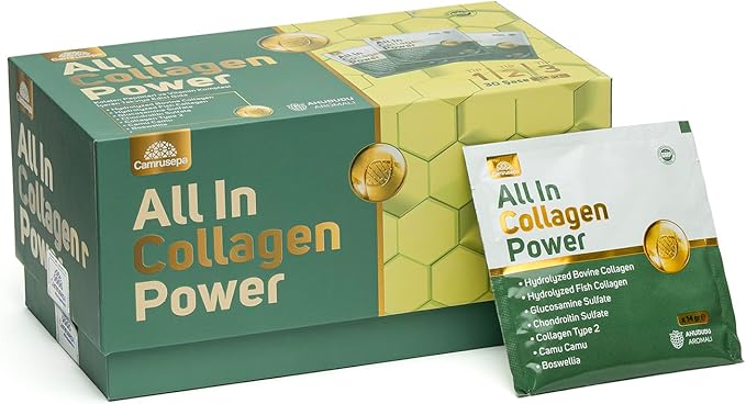 All in Collagen Power – Multi-Type Collagen Powder with Glucosamine &amp Hyaluronic Acid – Supports Joint Mobility Skin Elasticity – Raspberry Flavor – 30 Sachets