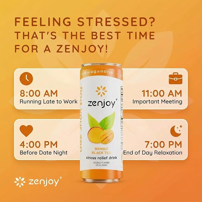 Zenjoy Stress Relief Drink Calming Black Tea Non Alcoholic Ashwagandha &amp Lemon Balm for Stress Relief L - Theanine for Focus (12 Pack) (Mango)