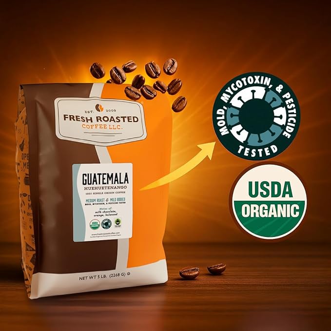 Fresh Roasted Coffee Organic Guatemala | Single Origin USDA Organic Mold &amp Myco 3rd Party Tested Kosher | Medium Roast 2 lb (32 oz) Whole Bean