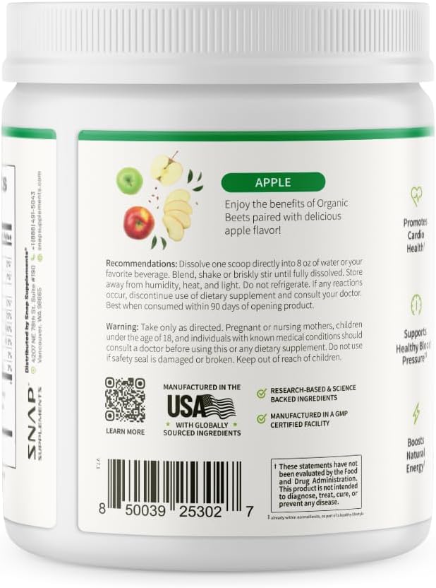Snap Supplements Organic Beet Root Powder Nitric Oxide Supplement for Men &amp Women Red Spinach &amp Pomegranate Supports Healthy Energy &amp Blood Pressure Already in Normal Range 30 Servings